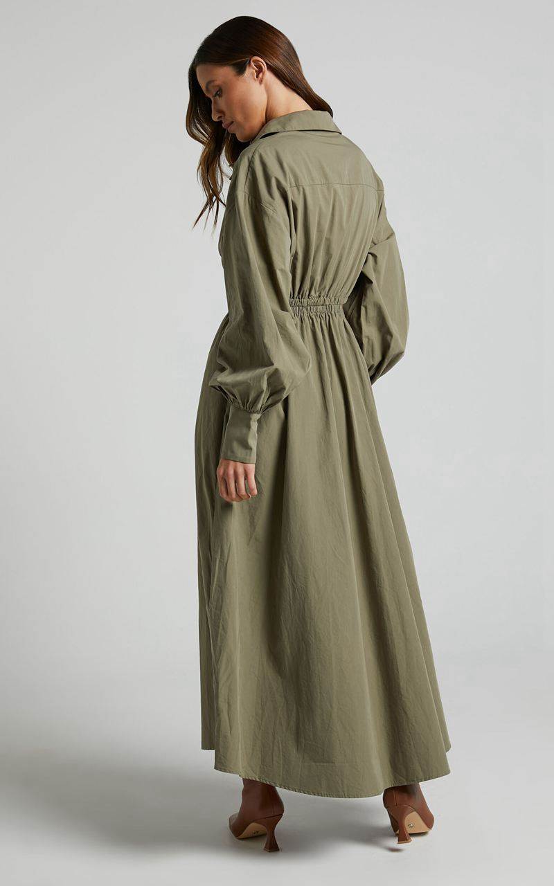 Showpo Merabelle Midi Dress - Side Cut Out Collared Long Sleeve Shirt Dress Olive | NKRIFM715