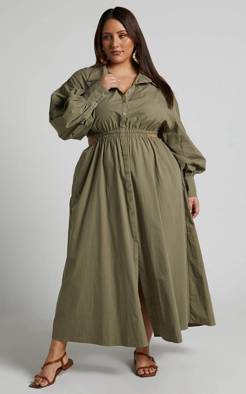 Showpo Merabelle Midi Dress - Side Cut Out Collared Long Sleeve Shirt Dress Olive | NKRIFM715