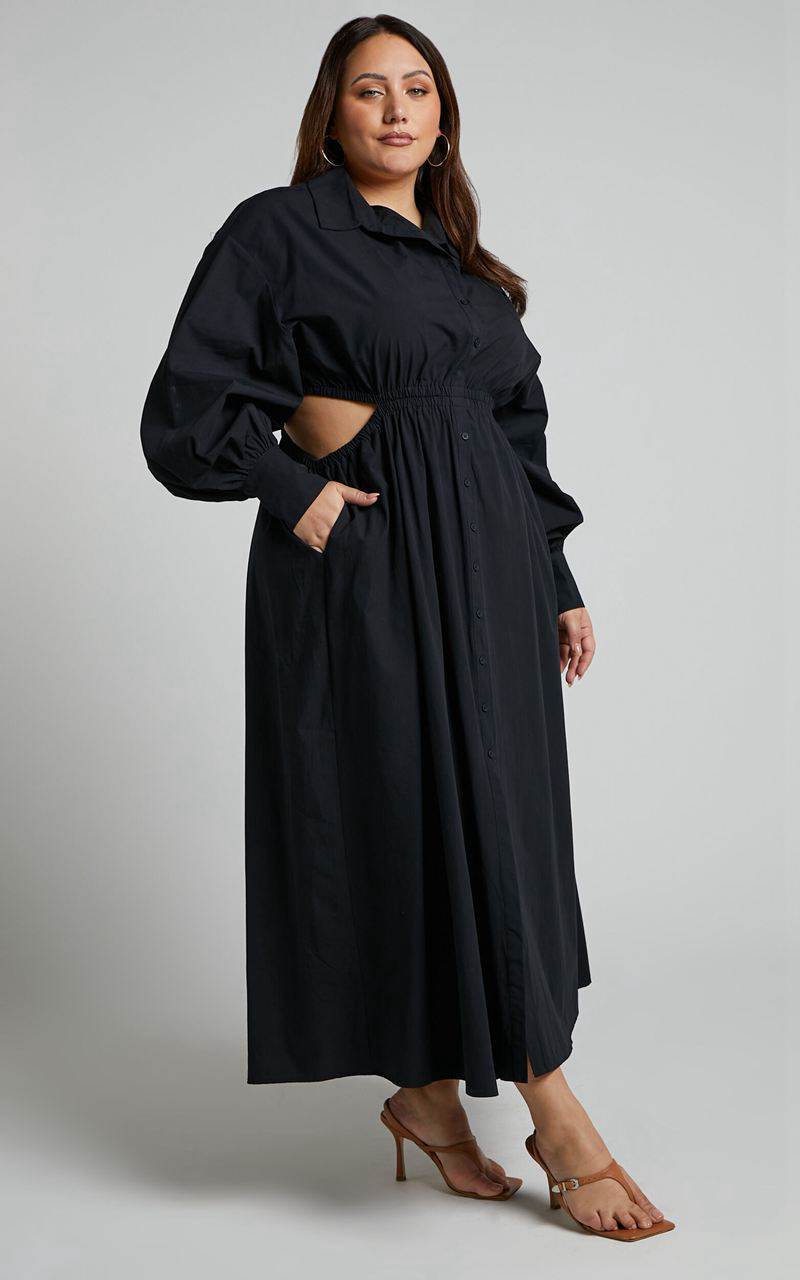 Showpo Merabelle Midi Dress - Side Cut Out Collared Long Sleeve Shirt Dress Black | PRCMKS726