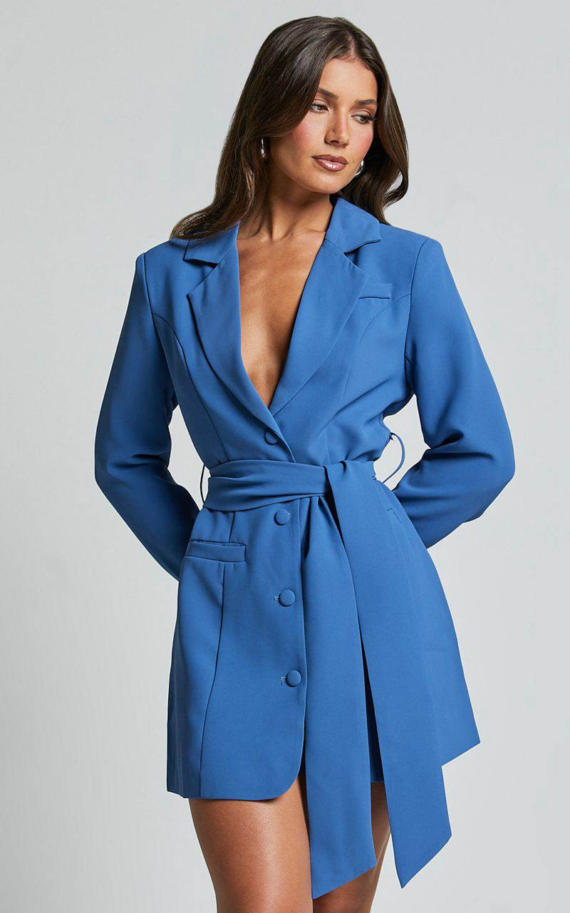 Showpo Mhina Mini Dress - Waist Tie Blazer Dress Cobalt | KJCTVS186