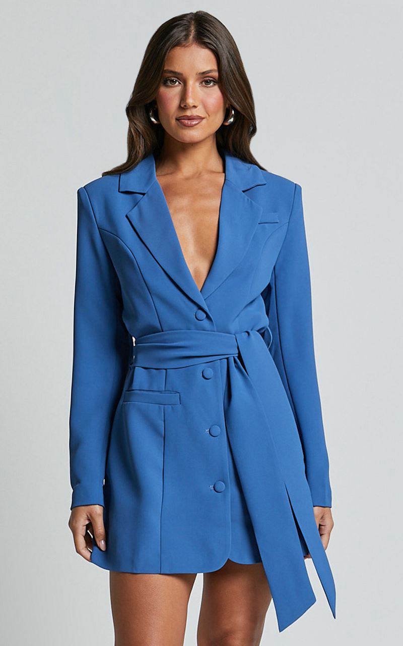 Showpo Mhina Mini Dress - Waist Tie Blazer Dress Cobalt | KJCTVS186