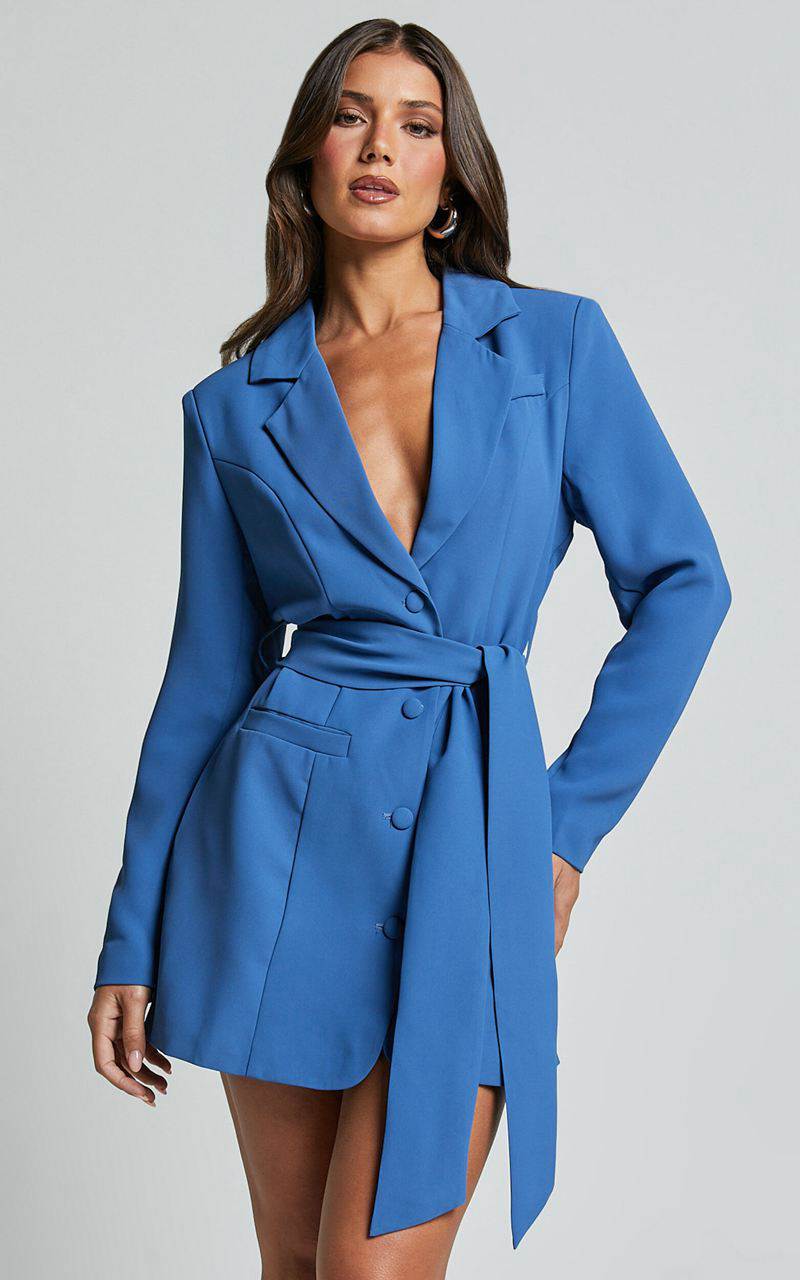 Showpo Mhina Mini Dress - Waist Tie Blazer Dress Cobalt | KJCTVS186