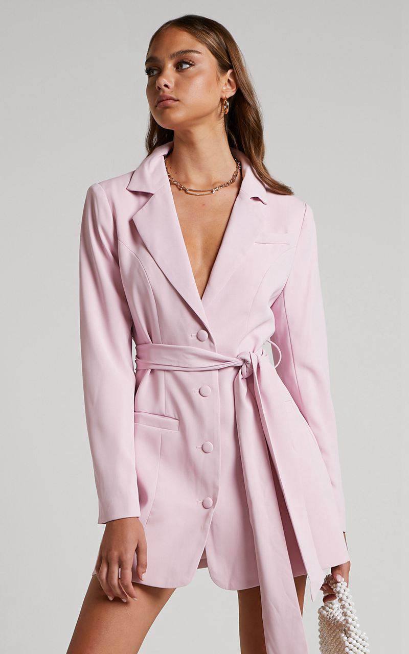 Showpo Mhina Mini Dress - Waist Tie Blazer Dress Pink | COABZR145