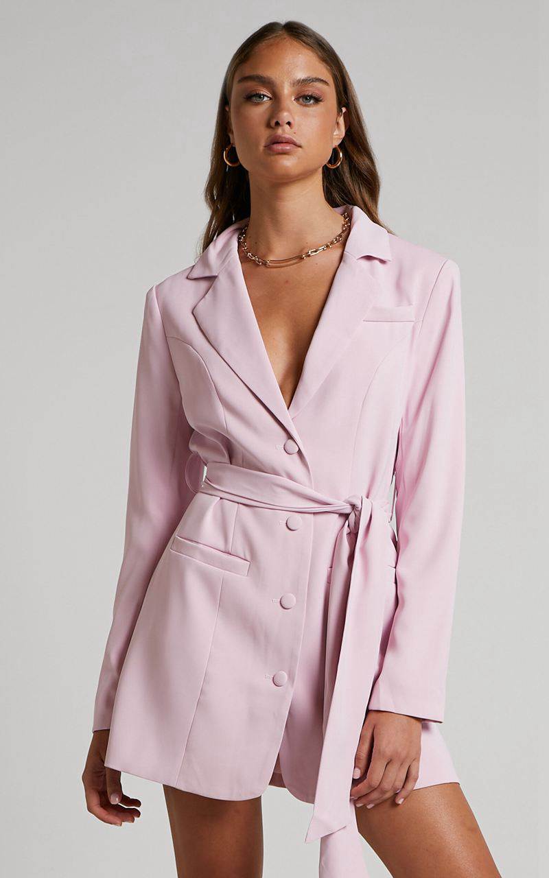 Showpo Mhina Mini Dress - Waist Tie Blazer Dress Pink | COABZR145