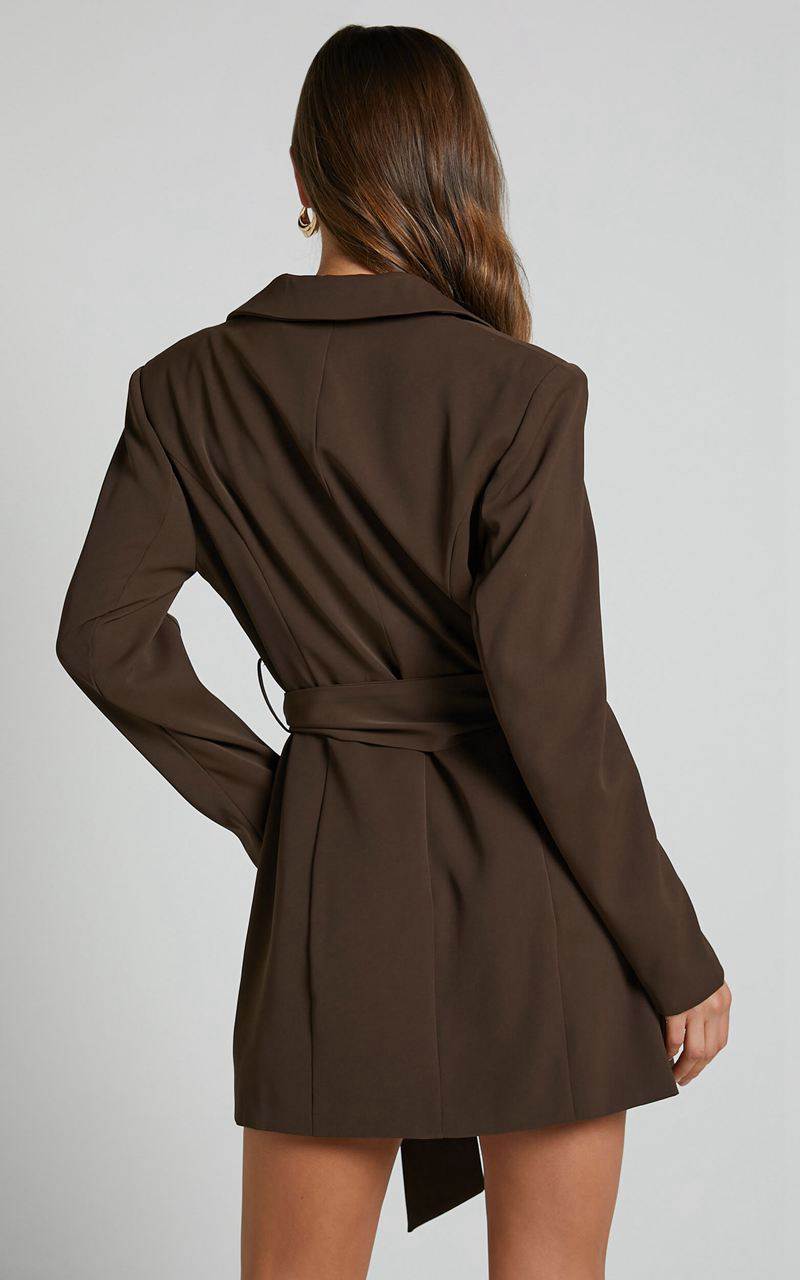 Showpo Mhina Mini Dress - Waist Tie Blazer Dress Dark Oak | LWZNAC542