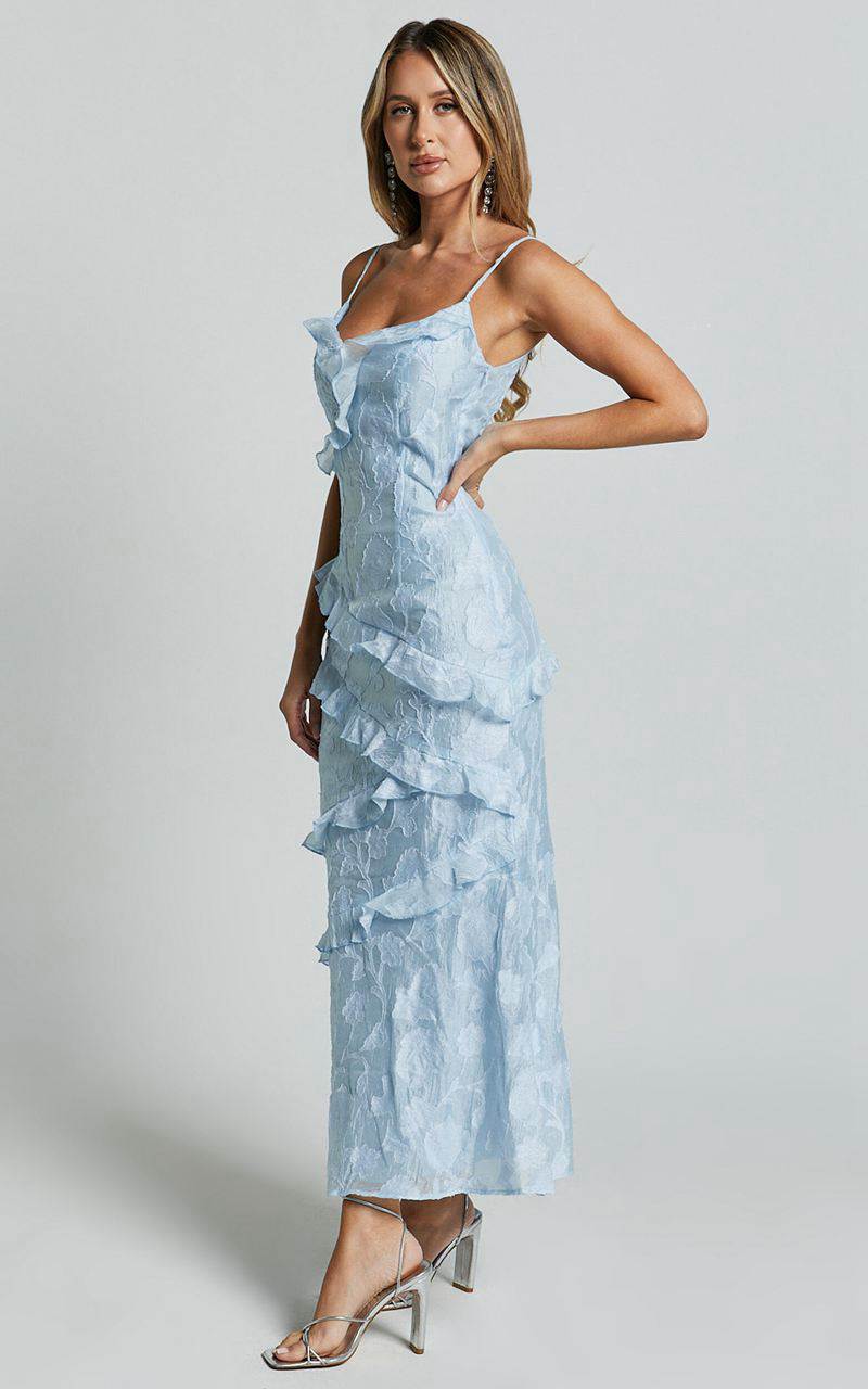 Showpo Michaela Midi Dress - Jacquard Ruffle Detail Tiered Dress Light Blue | DIJAVF196