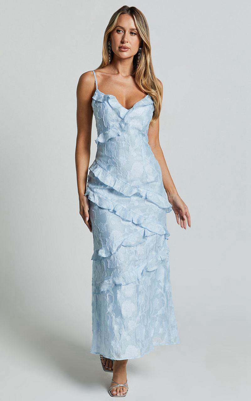 Showpo Michaela Midi Dress - Jacquard Ruffle Detail Tiered Dress Light Blue | DIJAVF196