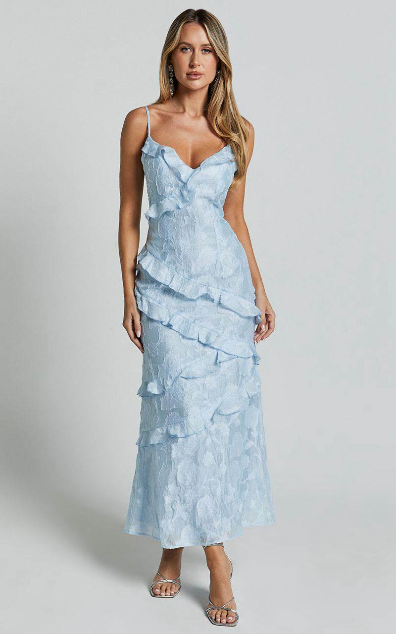 Showpo Michaela Midi Dress - Jacquard Ruffle Detail Tiered Dress Light Blue | DIJAVF196