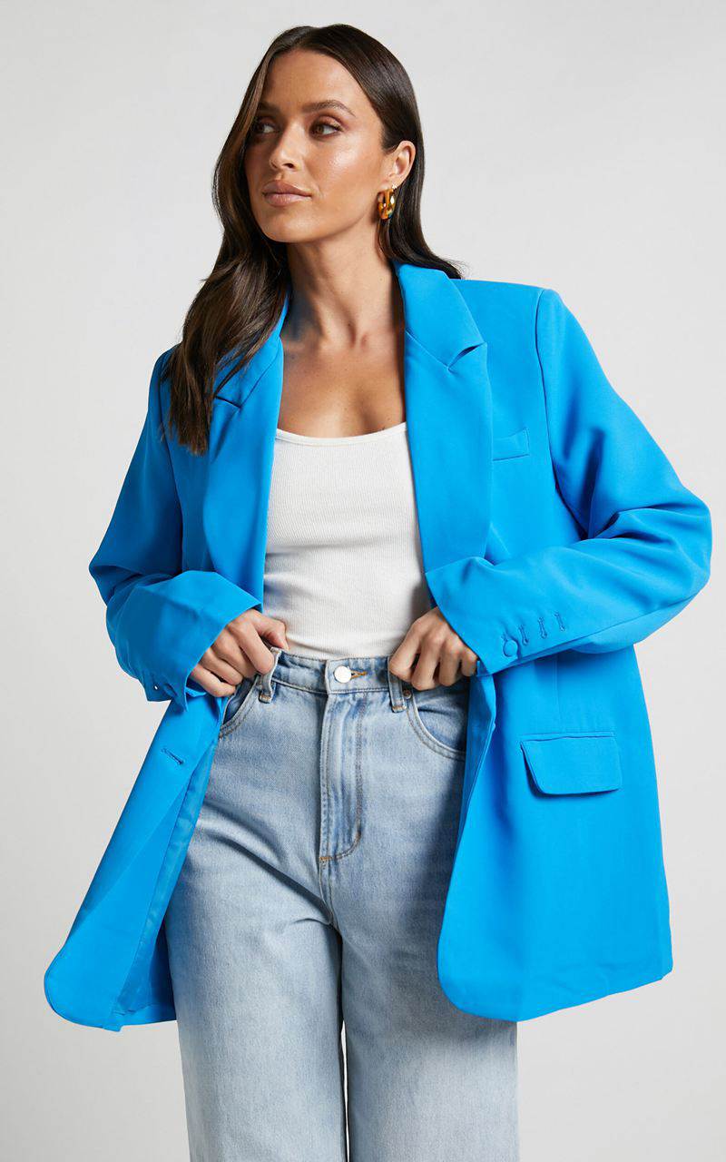 Showpo Michelle Blazer - Oversized Plunge Neck Button Up Blazer Blue | CVMALD394