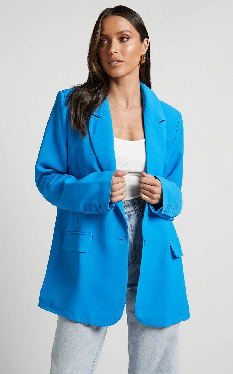 Showpo Michelle Blazer - Oversized Plunge Neck Button Up Blazer Blue | CVMALD394