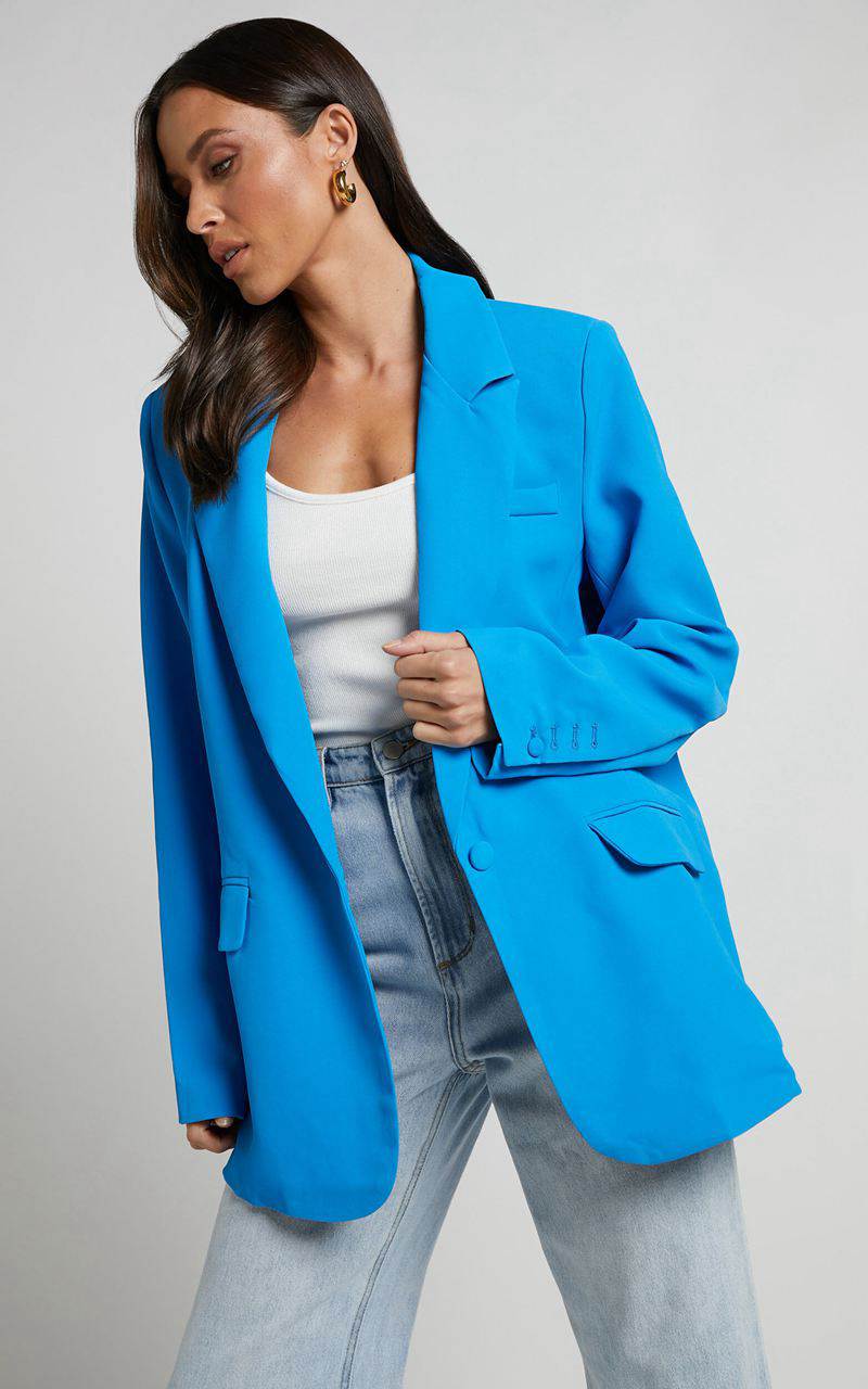 Showpo Michelle Blazer - Oversized Plunge Neck Button Up Blazer Blue | CVMALD394