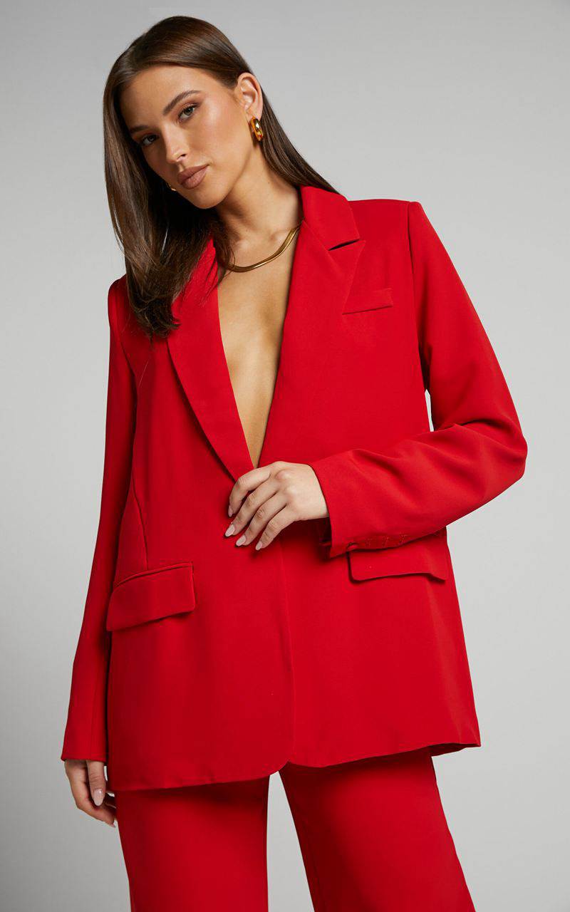 Showpo Michelle Blazer - Oversized Plunge Neck Button Up Blazer Red | YAMLHW508