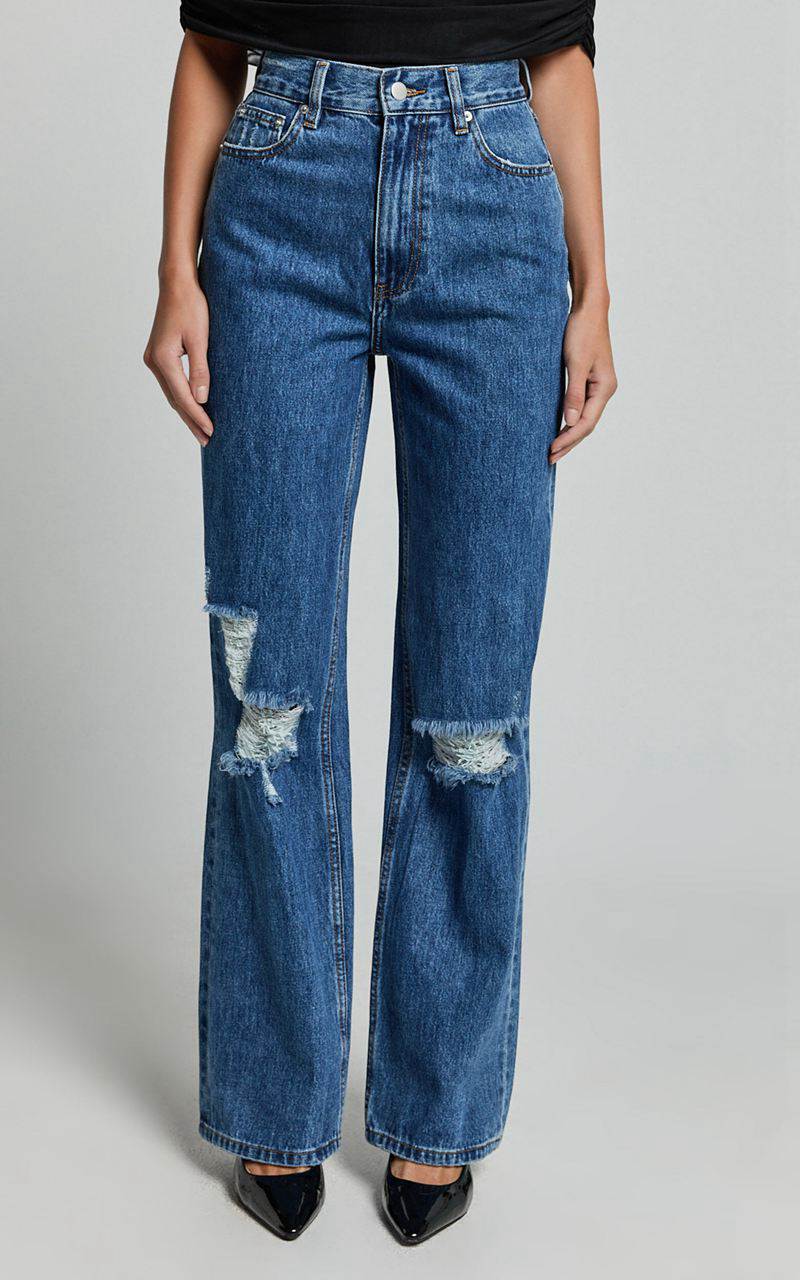 Showpo Miho Jeans - High Waisted Recycled Cotton Distressed Straight Leg Denim Jeans Dark Blue Wash | GFECLK796