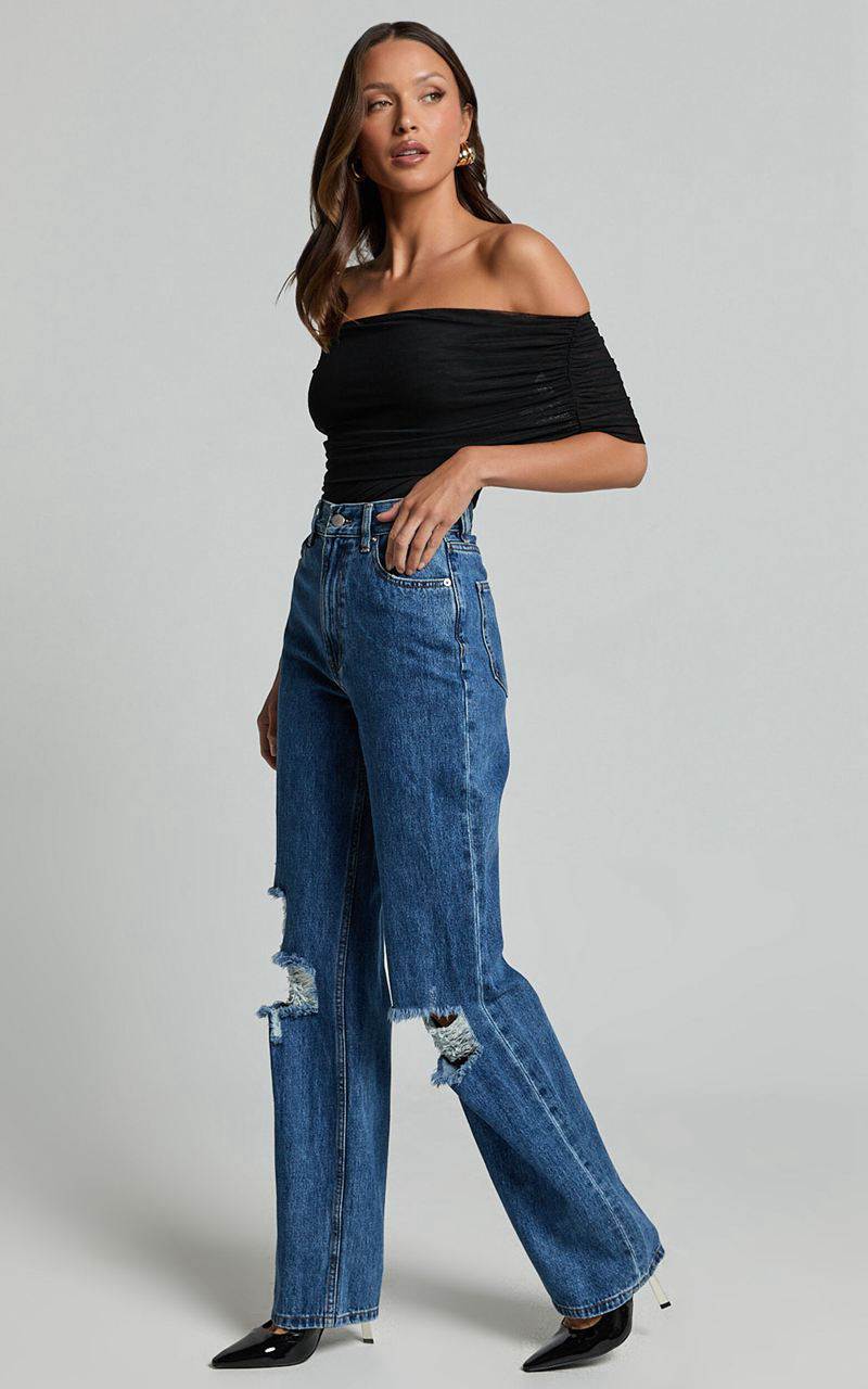 Showpo Miho Jeans - High Waisted Recycled Cotton Distressed Straight Leg Denim Jeans Dark Blue Wash | GFECLK796