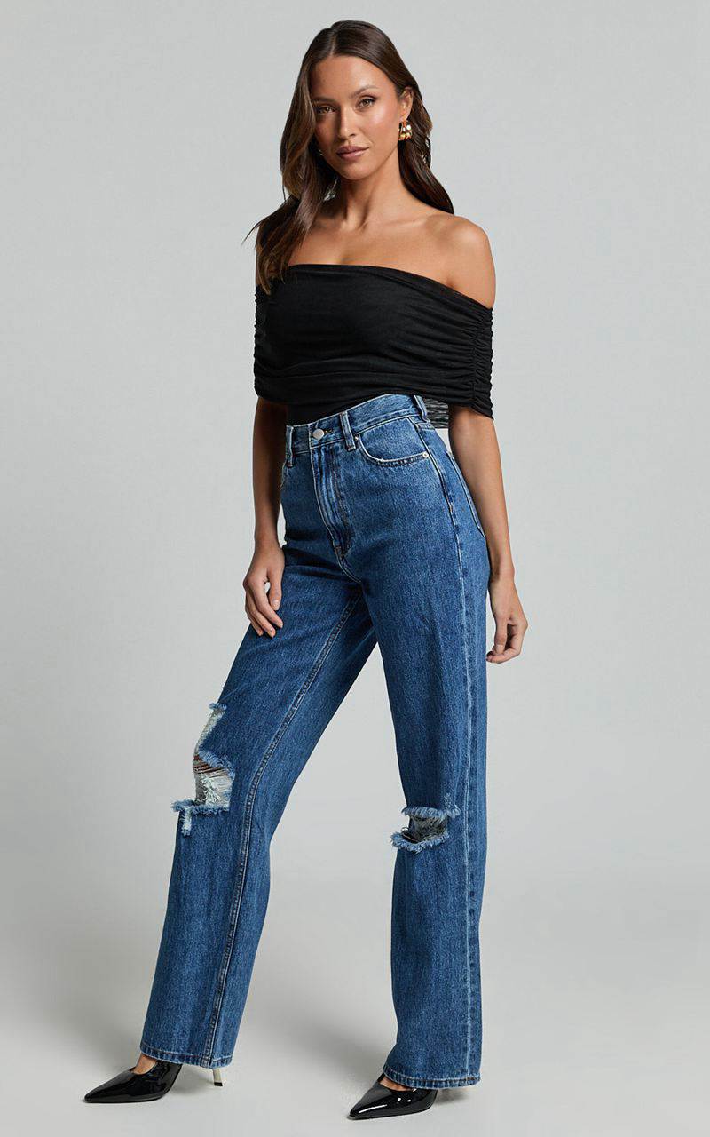 Showpo Miho Jeans - High Waisted Recycled Cotton Distressed Straight Leg Denim Jeans Dark Blue Wash | GFECLK796