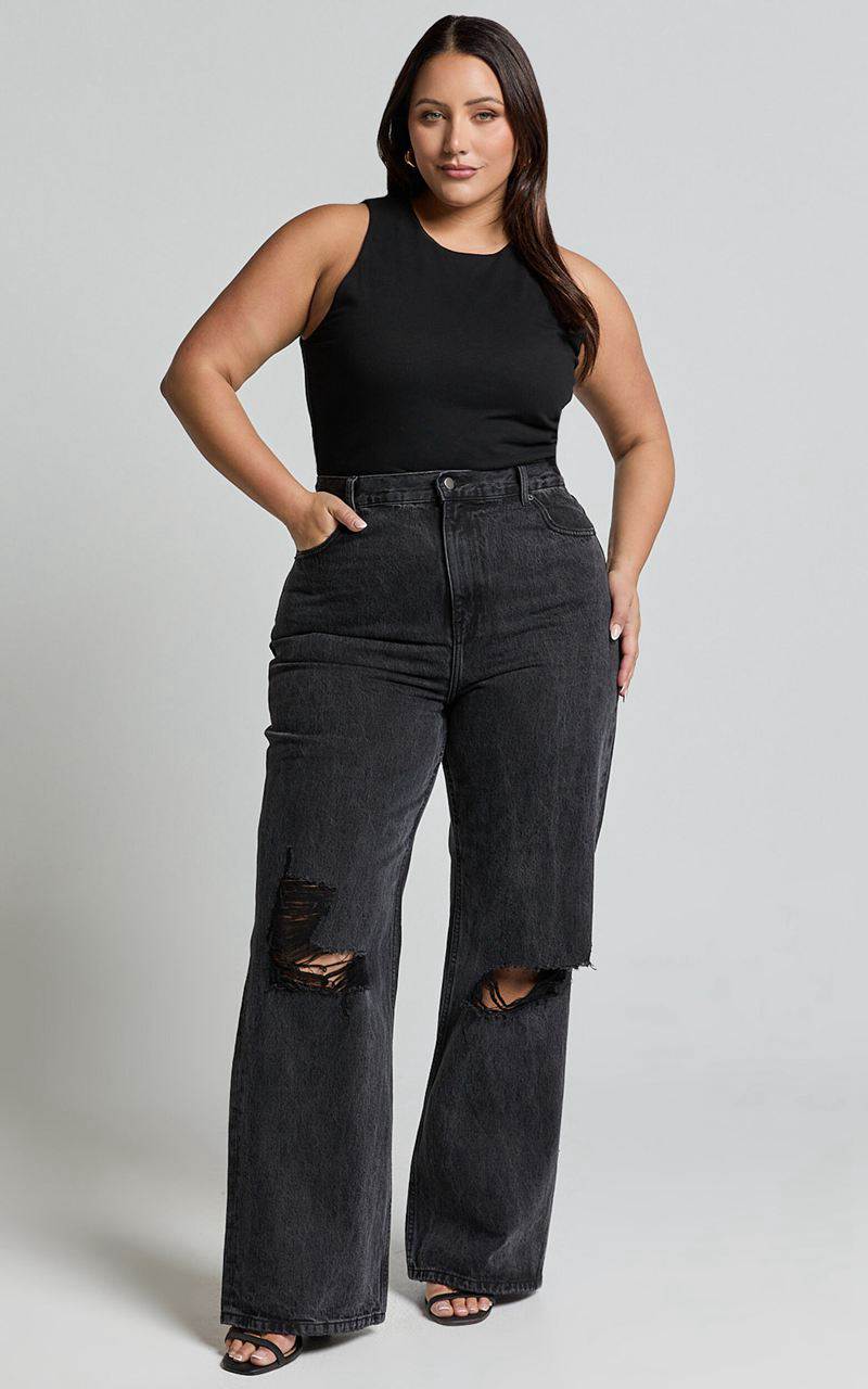 Showpo Miho Jeans - High Waisted Recycled Cotton Distressed Straight Leg Denim Jeans Washed Black | BHACGV527