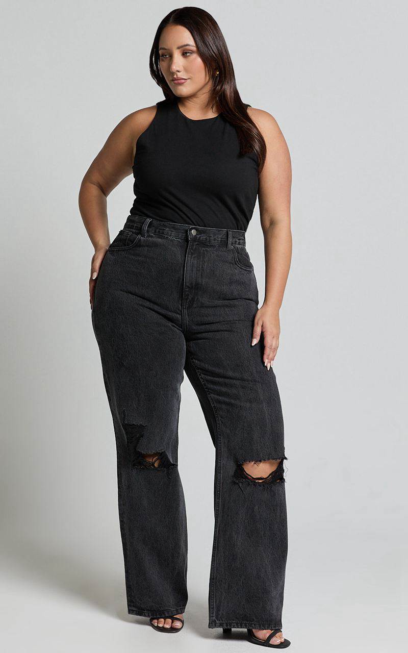 Showpo Miho Jeans - High Waisted Recycled Cotton Distressed Straight Leg Denim Jeans Washed Black | BHACGV527