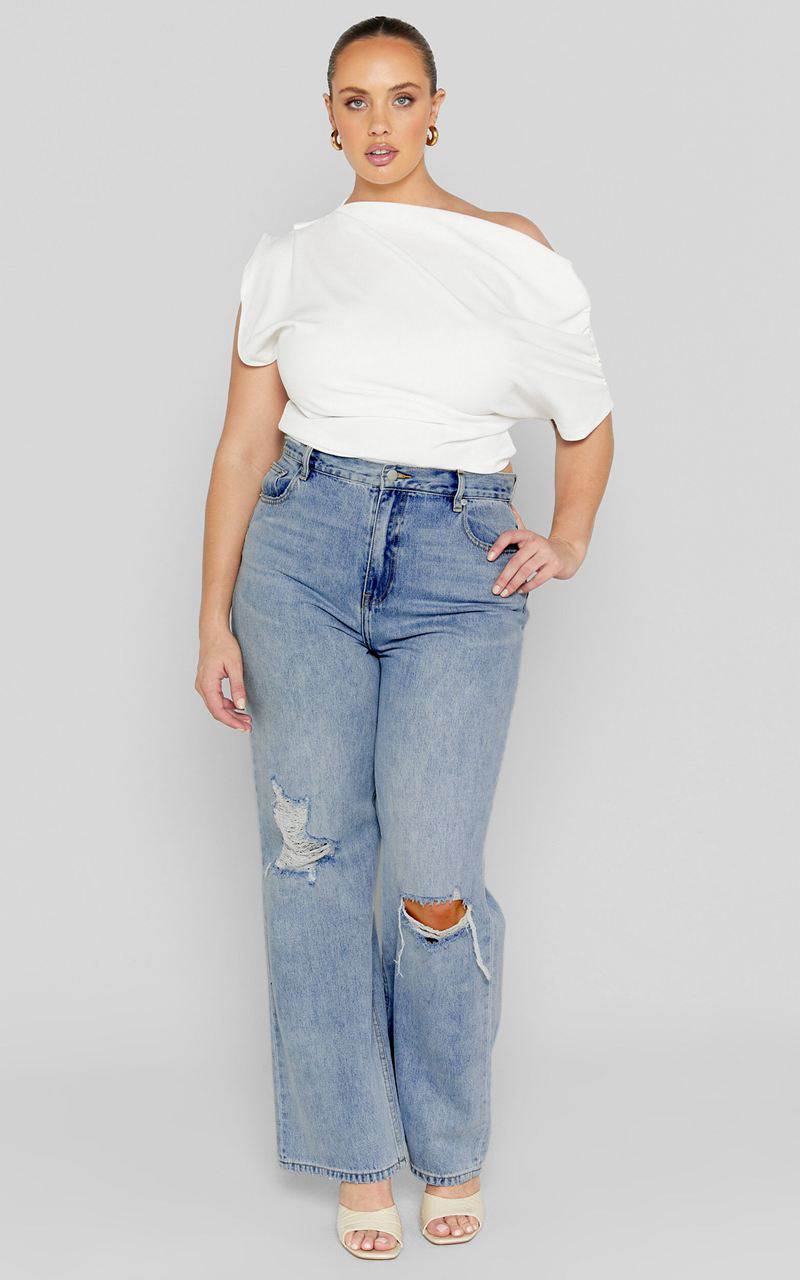 Showpo Miho Jeans - High Waisted Recycled Cotton Distressed Straight Leg Denim Jeans Mid Blue Wash | BHMPTX075