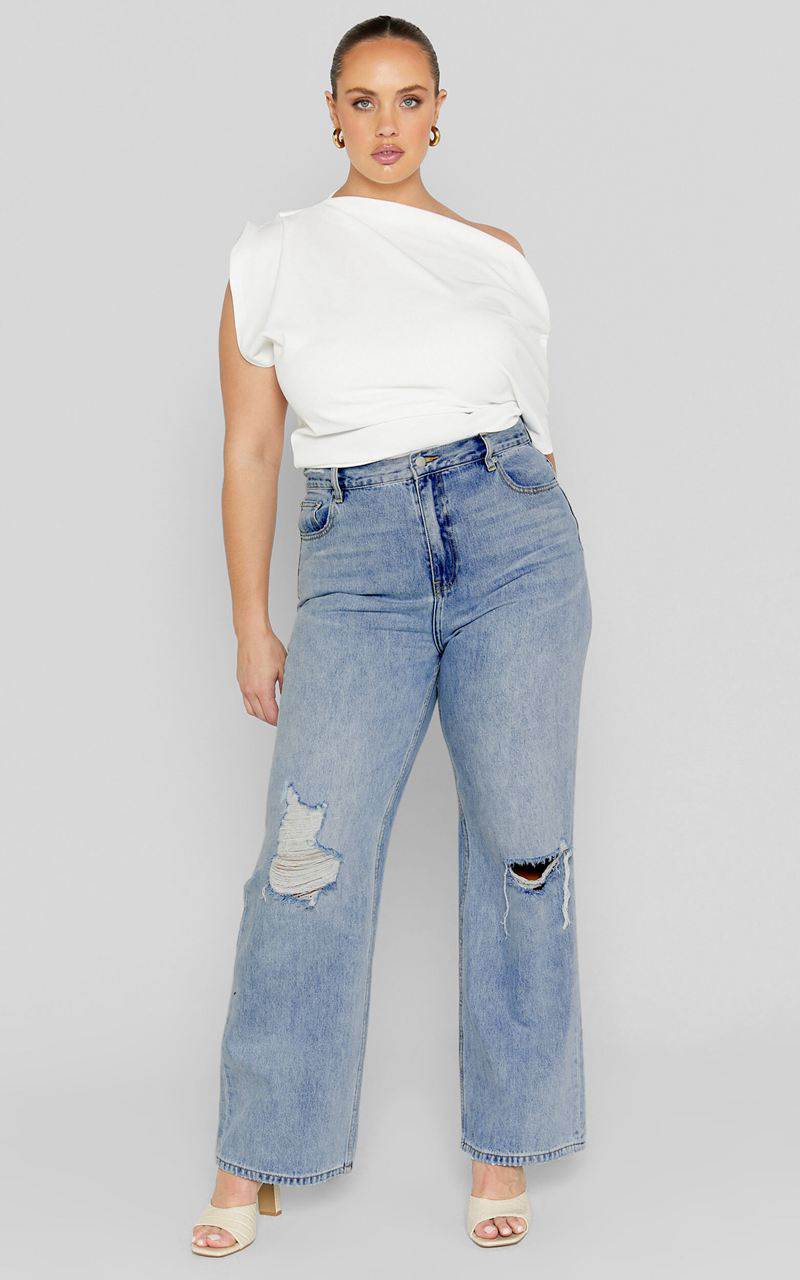 Showpo Miho Jeans - High Waisted Recycled Cotton Distressed Straight Leg Denim Jeans Mid Blue Wash | BHMPTX075