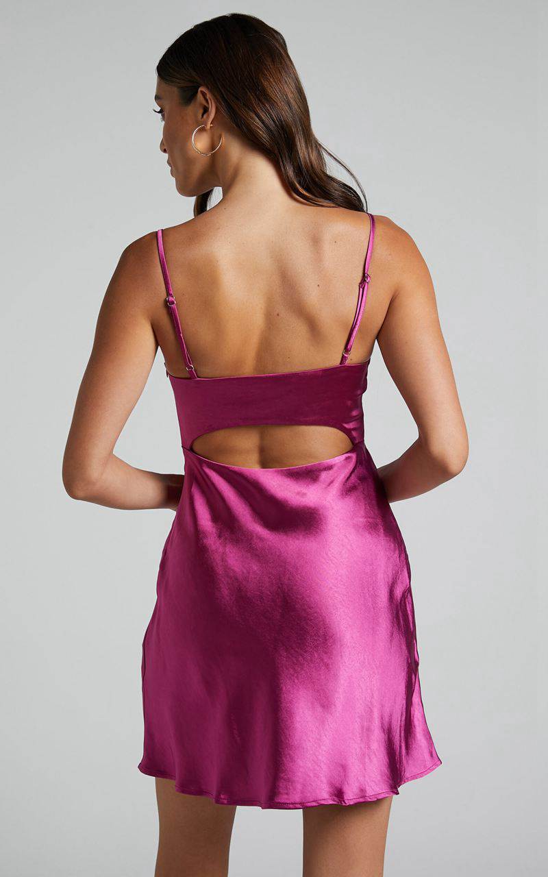 Showpo Mikaila Mini Dress - Cut Out Back Satin Slip Dress Plum | IAFTKU623