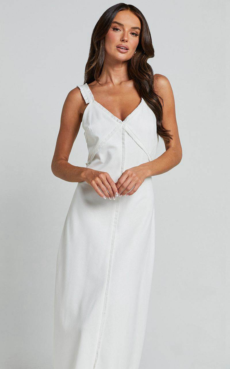 Showpo Mikella Midi Dress - Linen Exposed Seam Shift Dress White | YGMSNA697