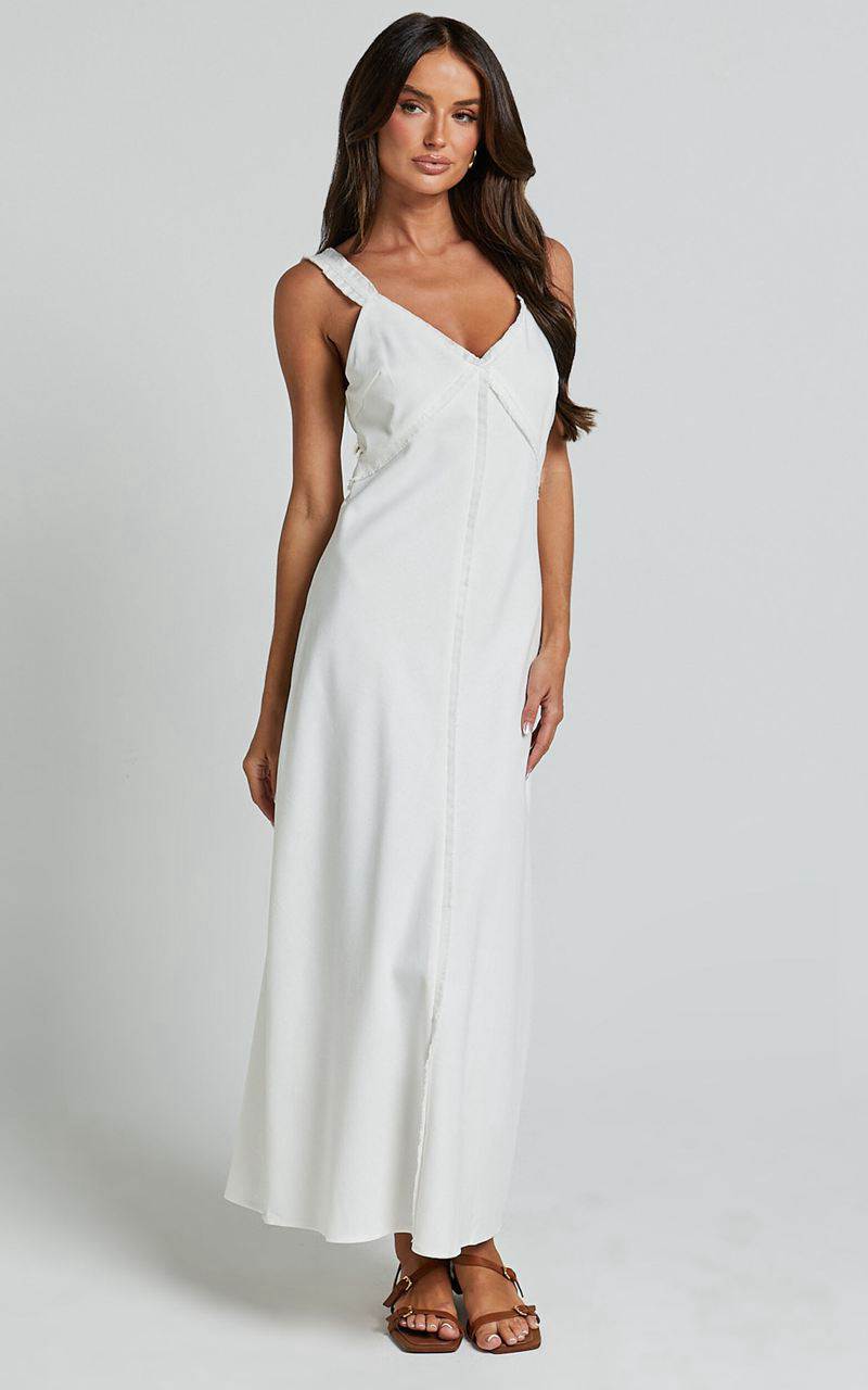 Showpo Mikella Midi Dress - Linen Exposed Seam Shift Dress White | YGMSNA697