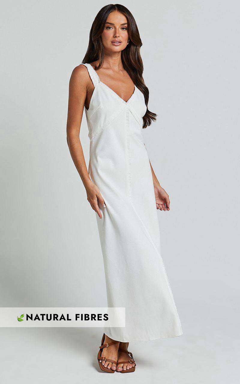 Showpo Mikella Midi Dress - Linen Exposed Seam Shift Dress White | YGMSNA697