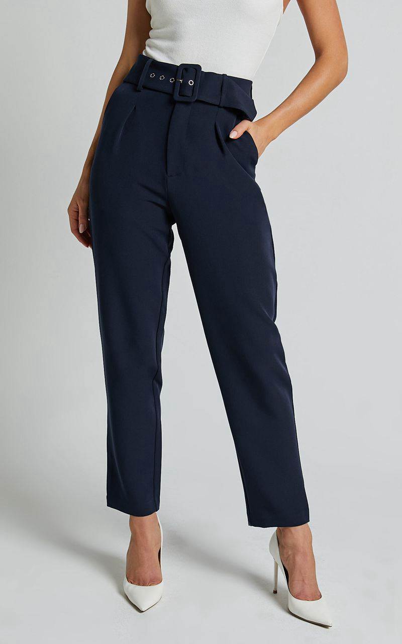 Showpo Milica Trousers - Belted High Waisted Trousers Navy | CEGNZX093