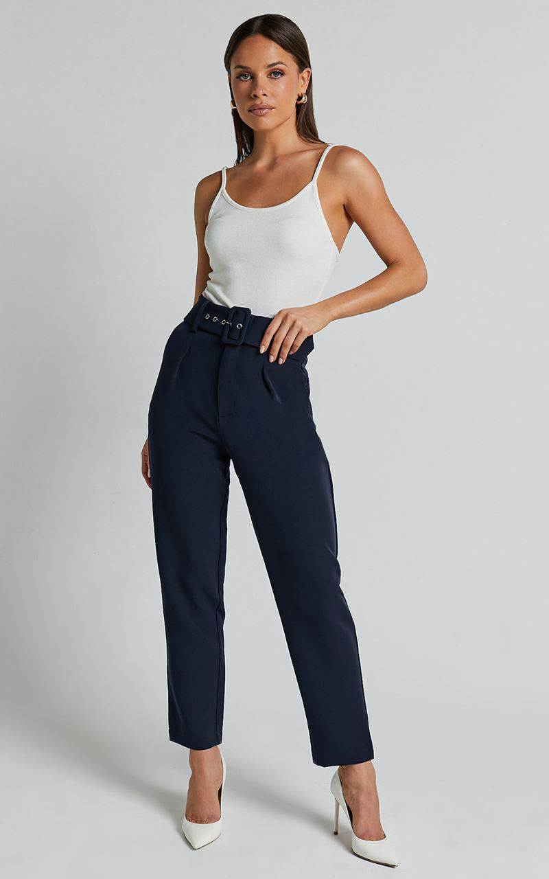 Showpo Milica Trousers - Belted High Waisted Trousers Navy | CEGNZX093