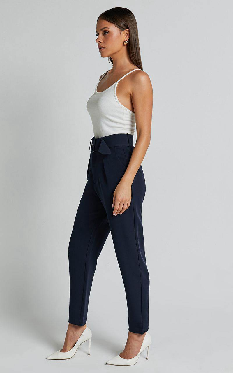 Showpo Milica Trousers - Belted High Waisted Trousers Navy | CEGNZX093