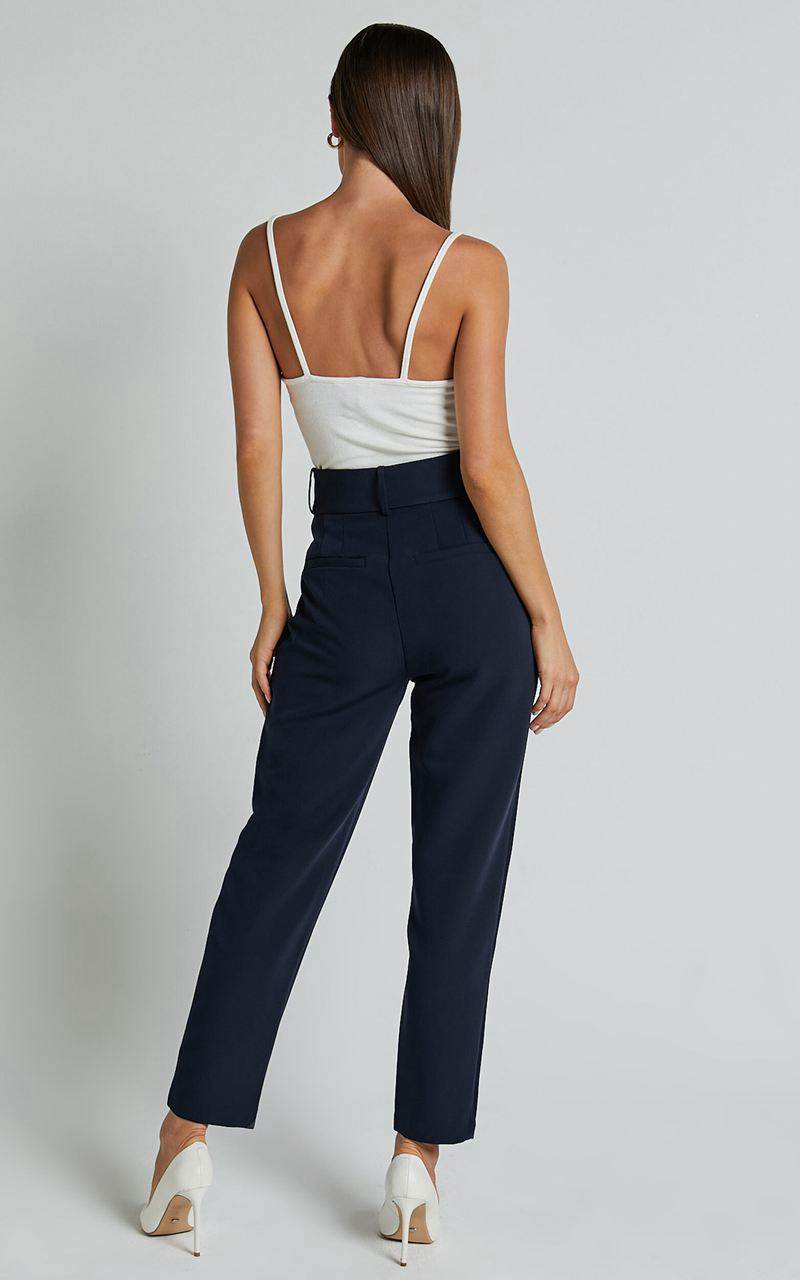 Showpo Milica Trousers - Belted High Waisted Trousers Navy | CEGNZX093