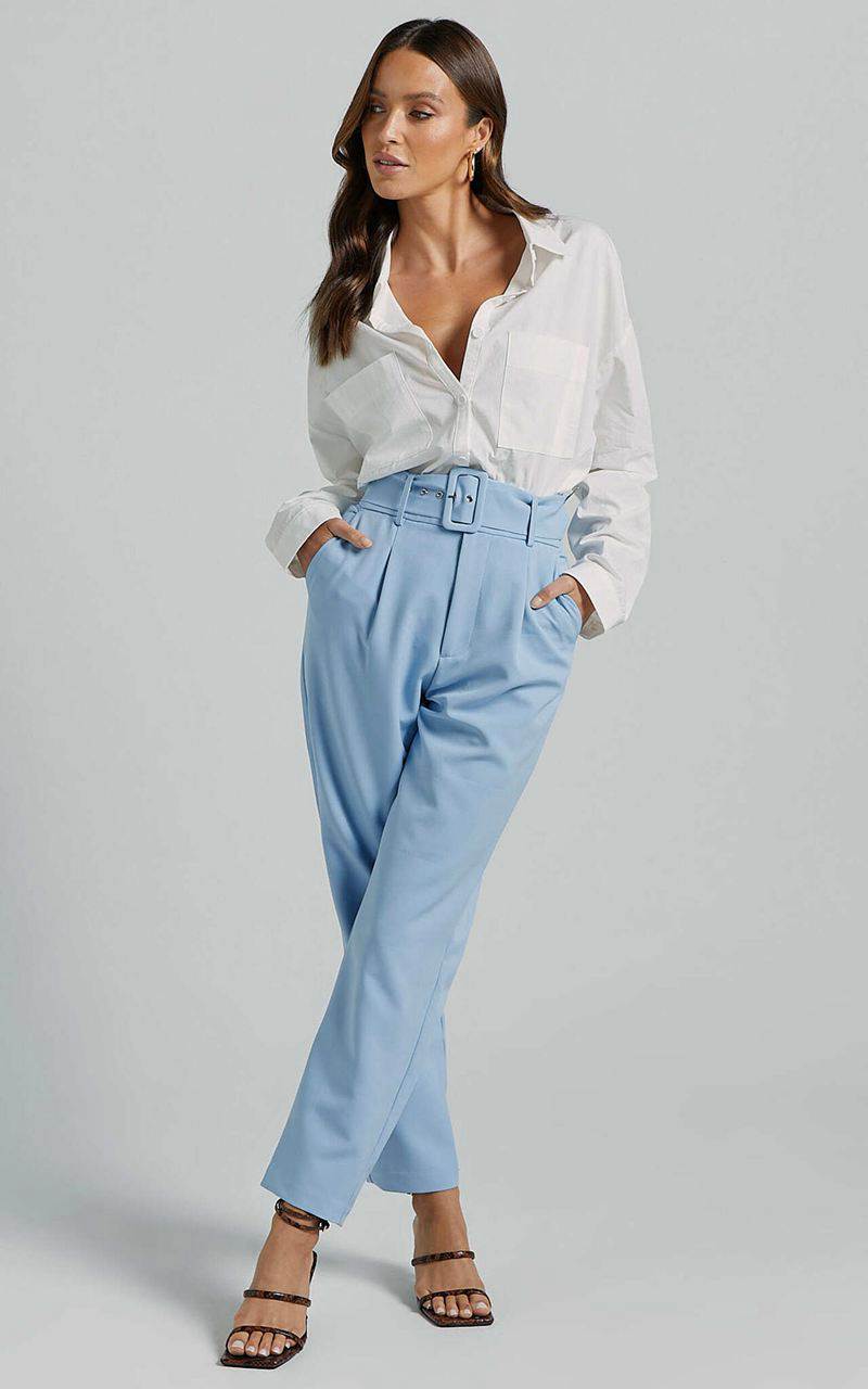 Showpo Milica Trousers - Belted High Waisted Trousers Pastel Blue | GHSOLV718