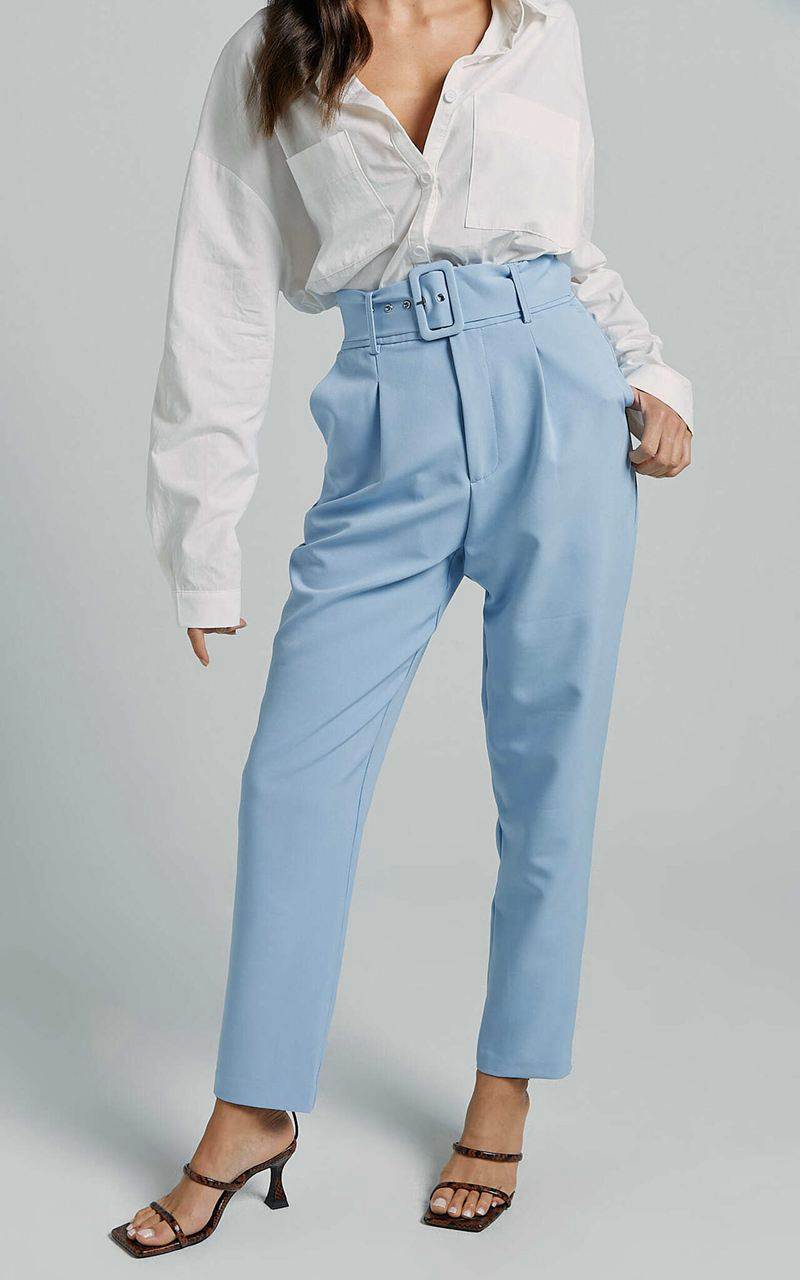 Showpo Milica Trousers - Belted High Waisted Trousers Pastel Blue | GHSOLV718