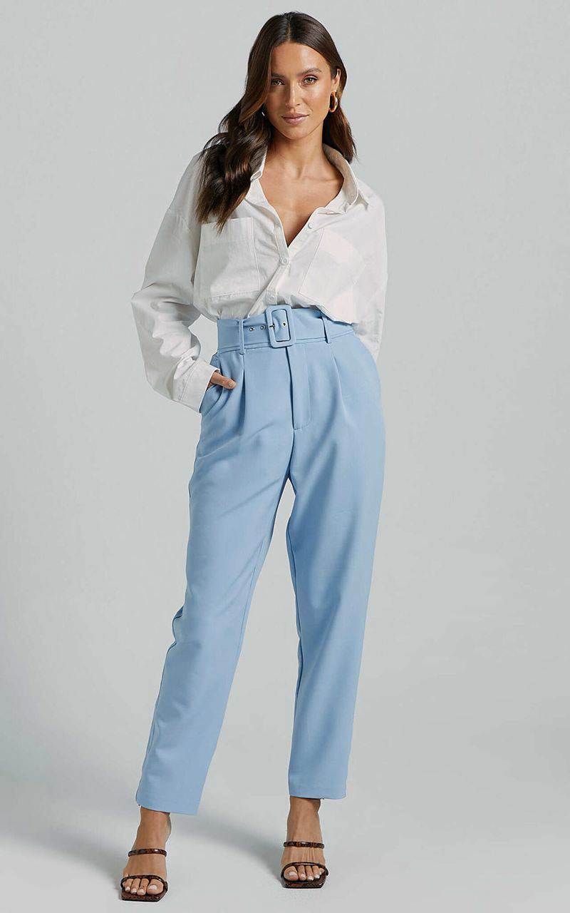 Showpo Milica Trousers - Belted High Waisted Trousers Pastel Blue | GHSOLV718