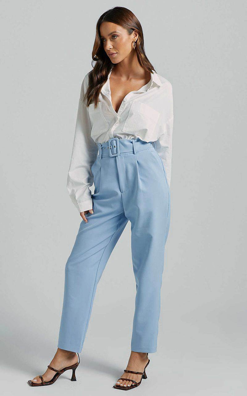 Showpo Milica Trousers - Belted High Waisted Trousers Pastel Blue | GHSOLV718