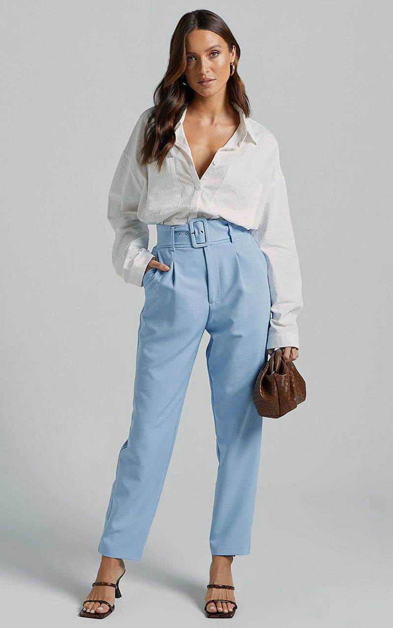 Showpo Milica Trousers - Belted High Waisted Trousers Pastel Blue | GHSOLV718