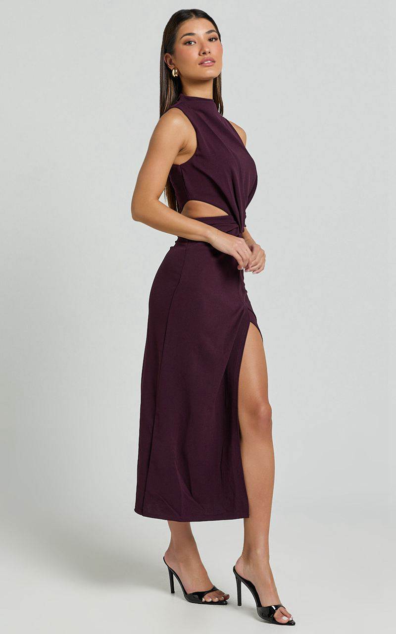 Showpo Millie Midi Dress - Front Twist Cut Out Thigh Split Dress Plum | QDCMVL068