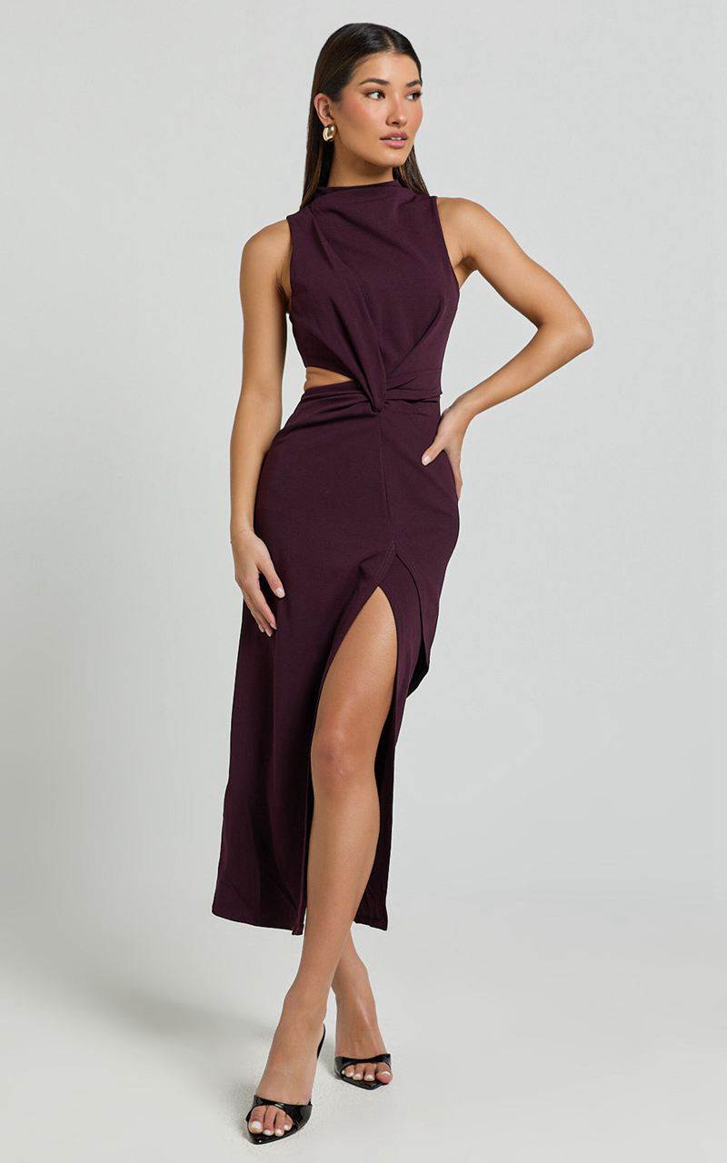 Showpo Millie Midi Dress - Front Twist Cut Out Thigh Split Dress Plum | QDCMVL068