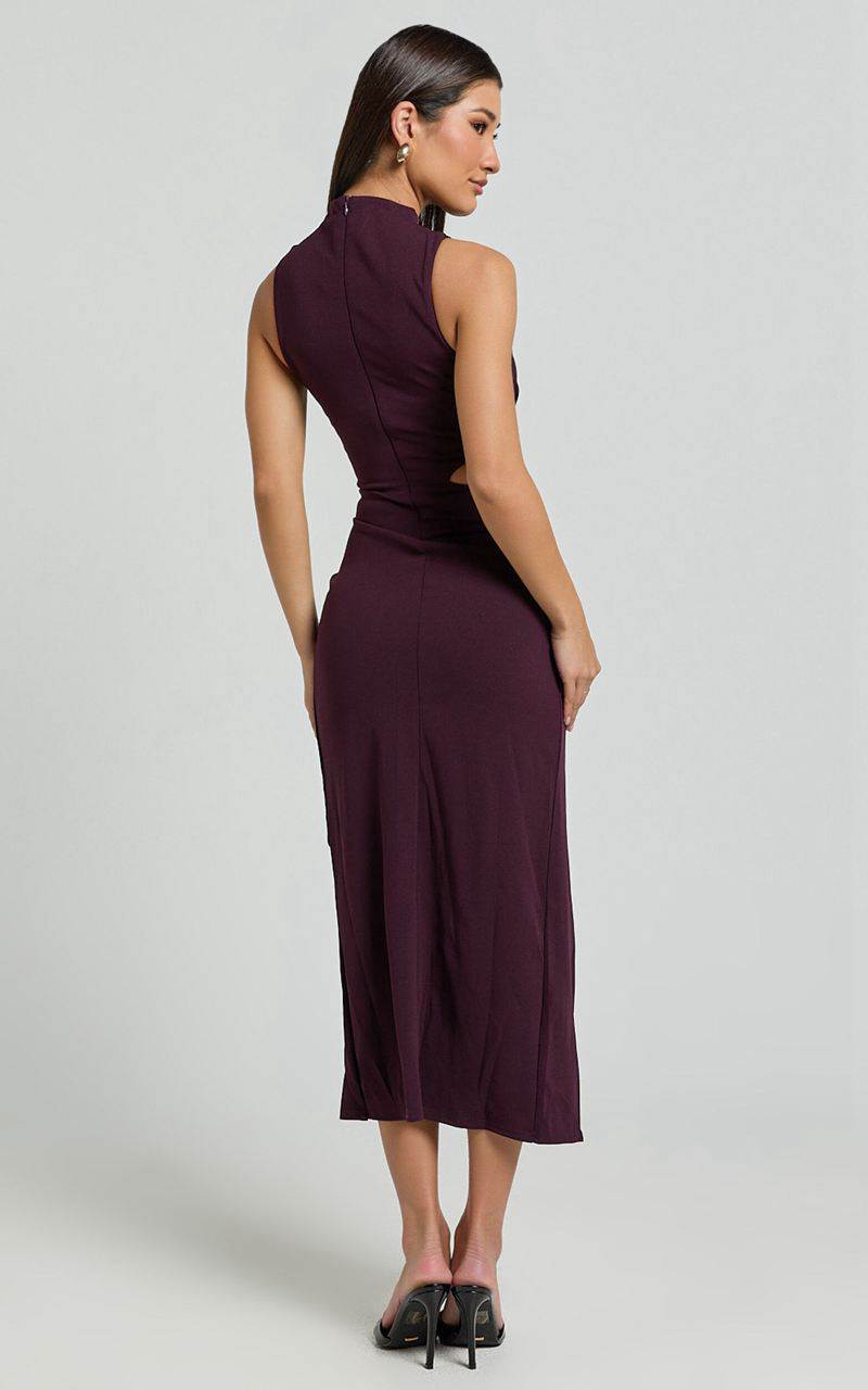 Showpo Millie Midi Dress - Front Twist Cut Out Thigh Split Dress Plum | QDCMVL068