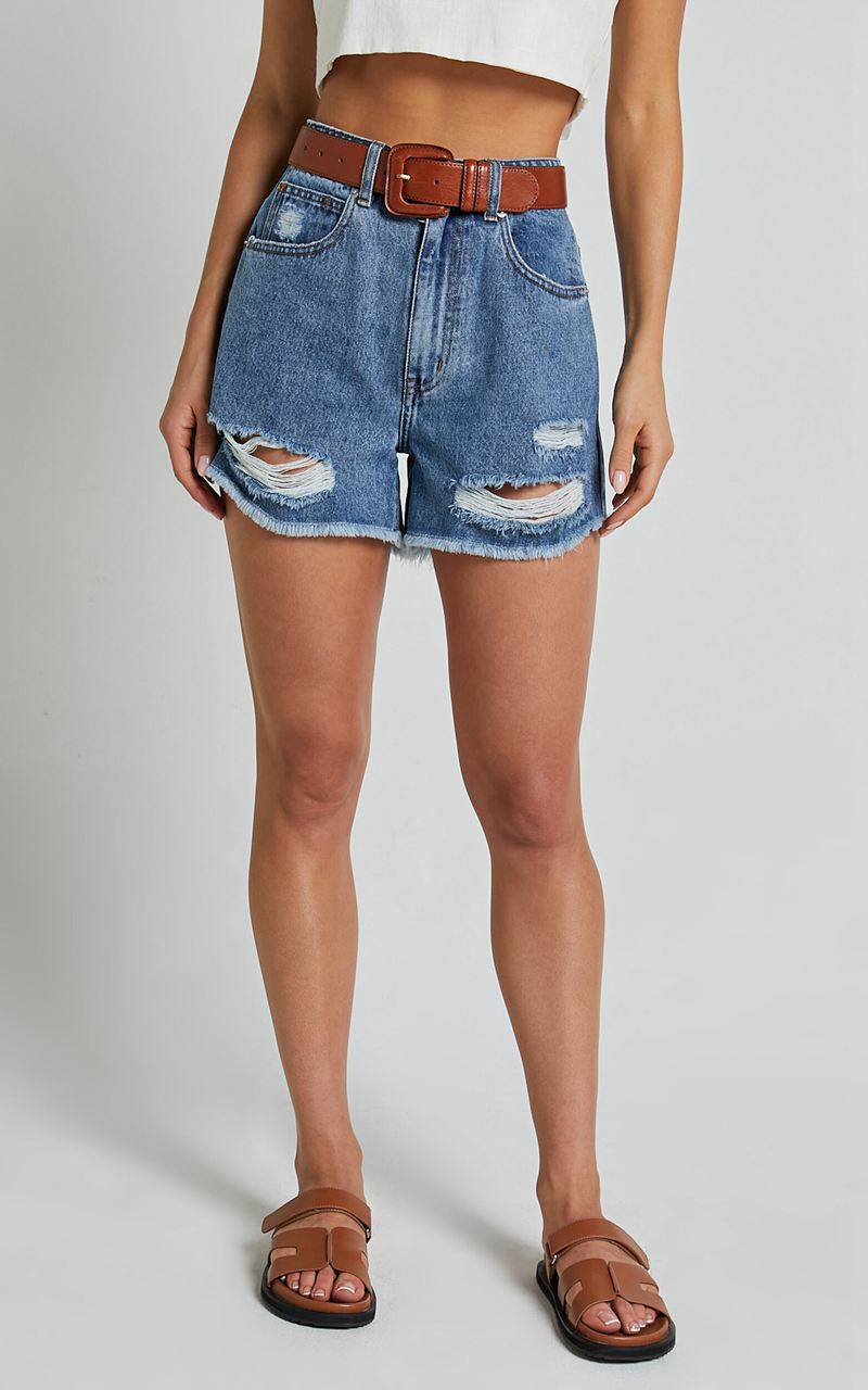 Showpo Mindae Shorts - Recycled Cotton Ripped Denim Shorts Blue | QLOIJF420