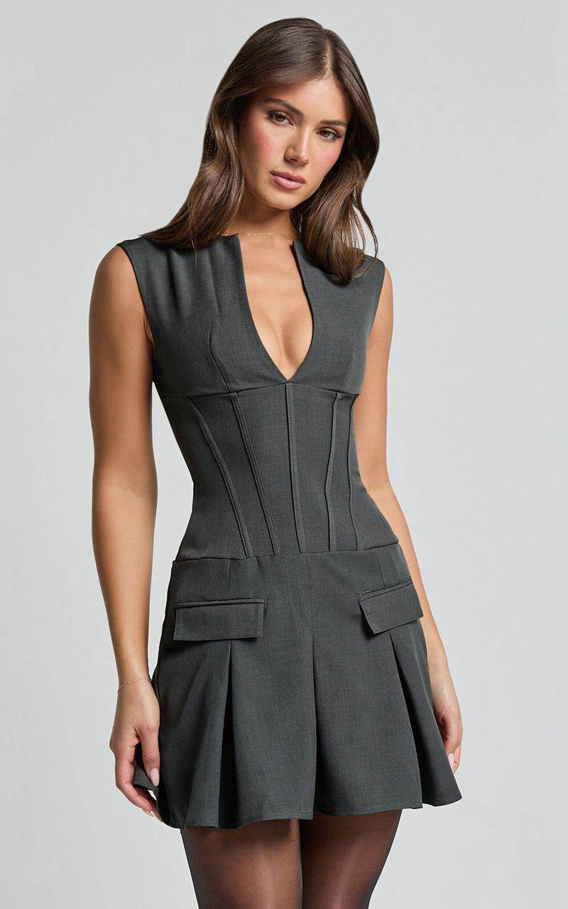 Showpo Mindy Mini Dress - Plunge Neck Pocket Detail Tailored Dress Charcoal | TDMGSU143