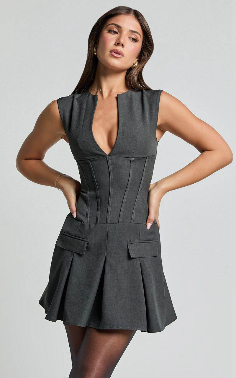 Showpo Mindy Mini Dress - Plunge Neck Pocket Detail Tailored Dress Charcoal | TDMGSU143