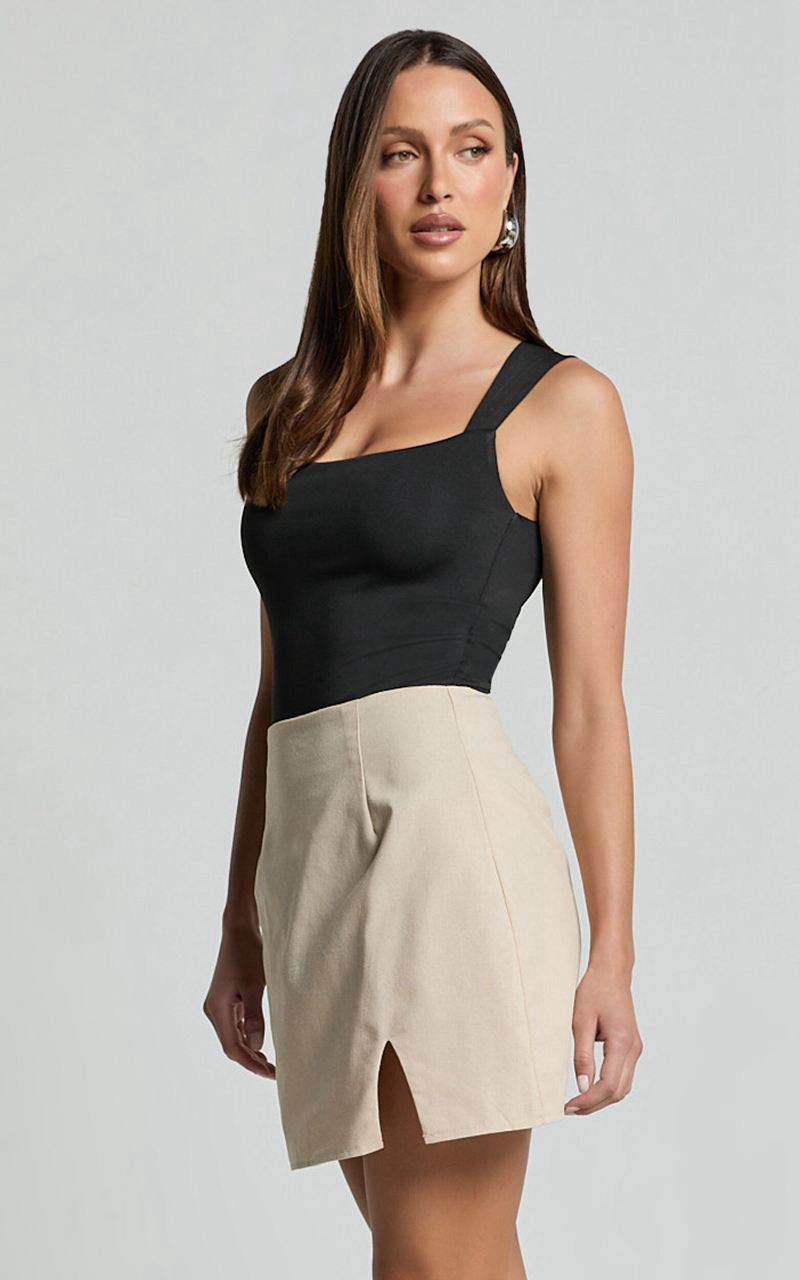 Showpo Mindy Mini Skirt - Linen Look A Line Side Split Skirt Oatmeal | HAKJMV397