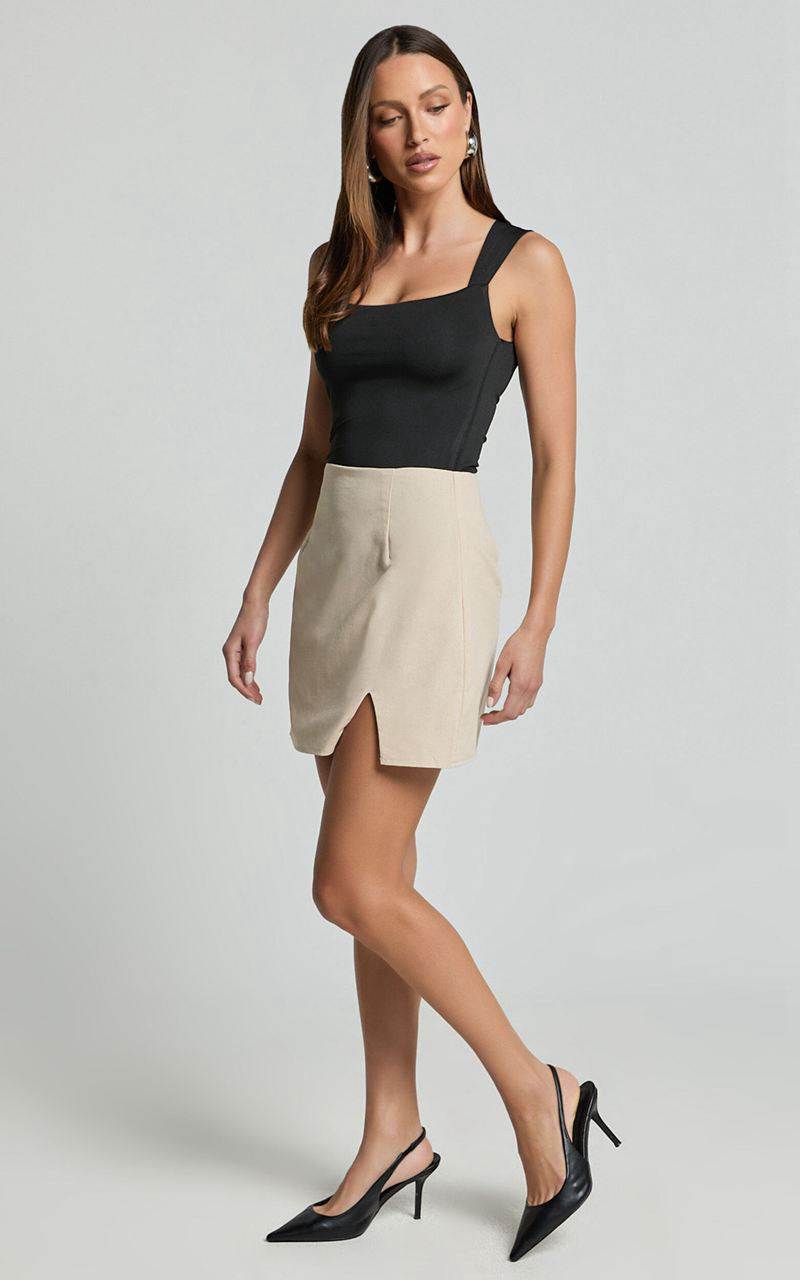 Showpo Mindy Mini Skirt - Linen Look A Line Side Split Skirt Oatmeal | HAKJMV397