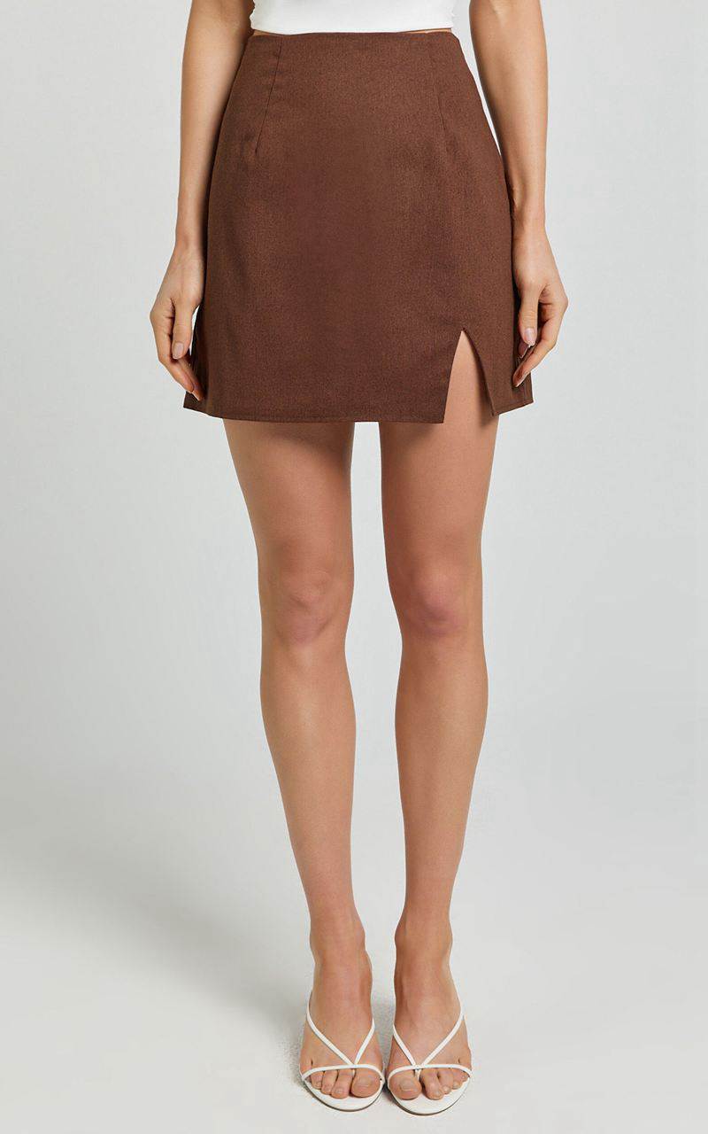 Showpo Mindy Mini Skirt - Linen Look A Line Side Split Skirt Brown | FDVBOU508