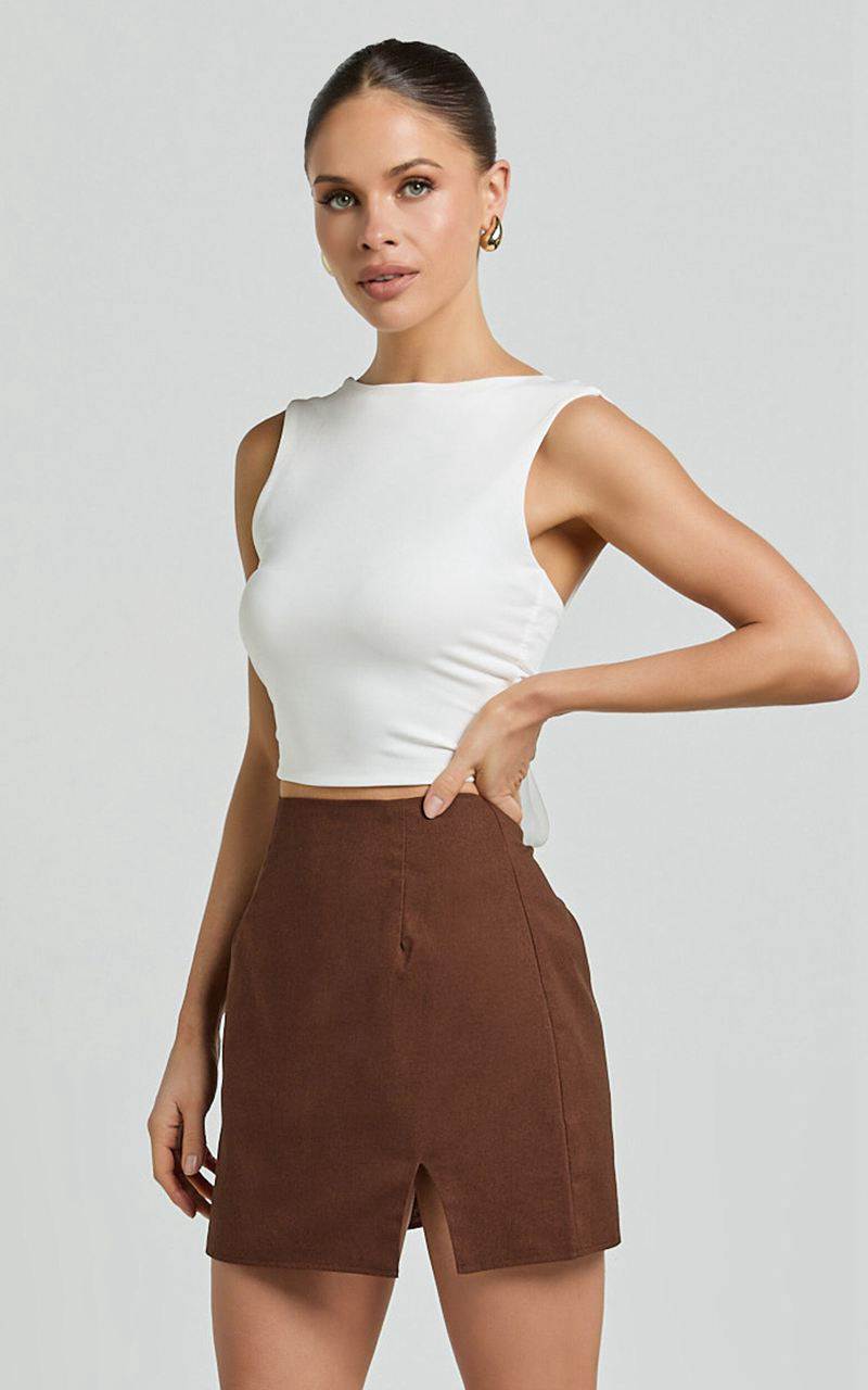 Showpo Mindy Mini Skirt - Linen Look A Line Side Split Skirt Brown | FDVBOU508