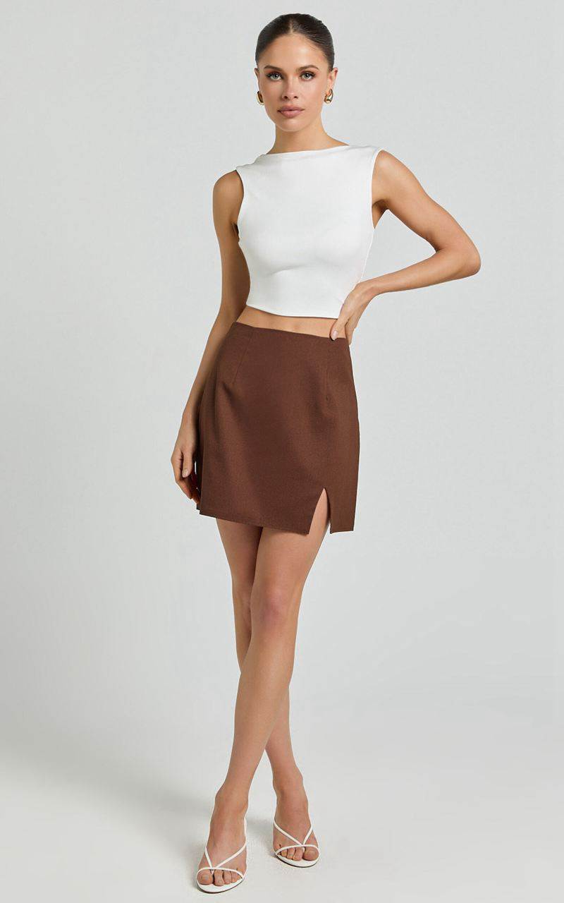 Showpo Mindy Mini Skirt - Linen Look A Line Side Split Skirt Brown | FDVBOU508