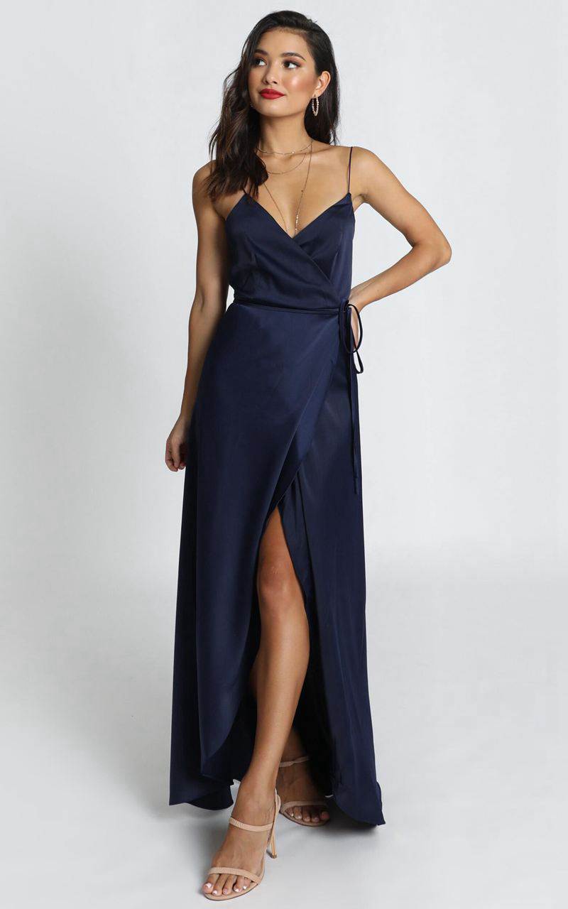 Showpo Mine Would Be You Dress Navy Satin | NHYSBA642