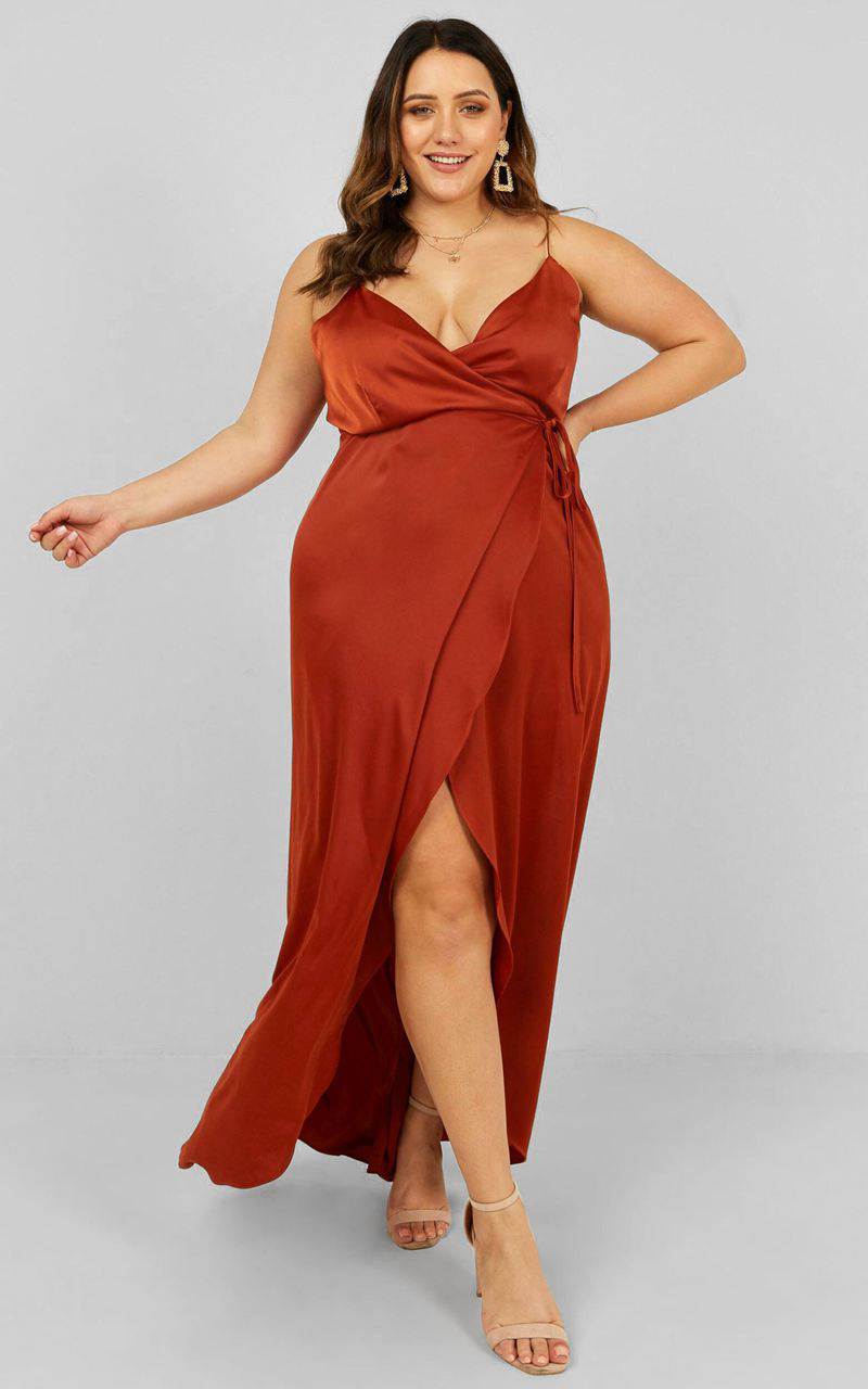 Showpo Mine Would Be You Midi Dress - Wrap Dress Copper Satin | YLPHKT426