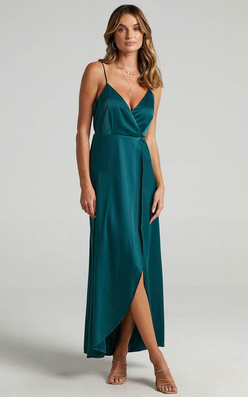 Showpo Mine Would Be You Midi Dress - Wrap Dress Emerald Satin | ZMVCAJ506